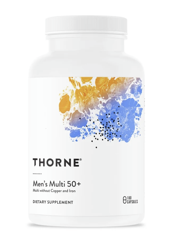 Thorne Men's Multi 50+, Daily Multivitamin and Nutrients for Men without Iron and Copper to Support Healthy, Active Lifestyle, Gluten-Free, Soy-Free, 180 Capsules, 30 servings