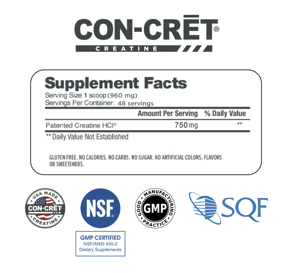 CON-CRET Patented Creatine HCl Lemon Lime Powder, Workout Supplement, 48 Servings