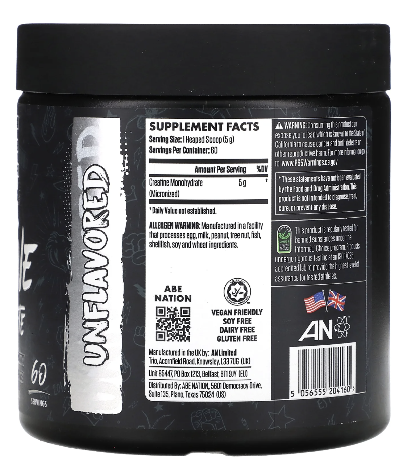 ABE Creatine Monohydrate - Micronized Unflavoured Powder - Increases High-Intensity Physical Performance (10.58 oz - 60 Servings) (Unflavoured)