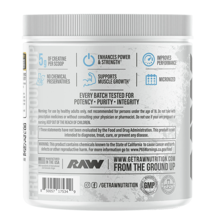 RAW Nutrition Essential 100% Pure Creatine Monohydrate Powder, Unflavored, 8.81 oz, 50 Servings