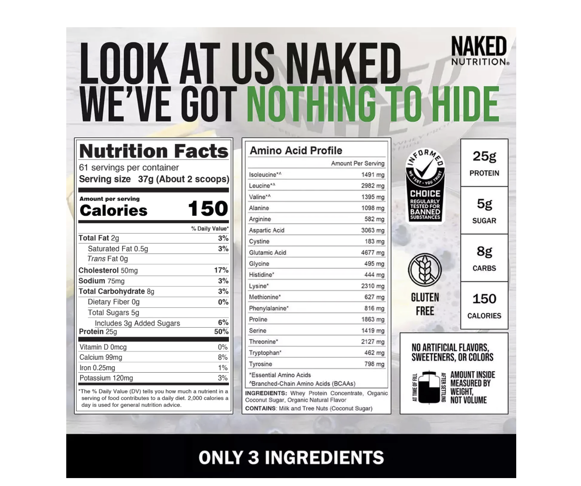 NAKED Whey Vanilla  Protein - All Natural Grass Fed Whey Protein Powder + Coconut Sugar- 5Lb Bulk, GMO-Free, Soy Free, Gluten Free. Aid Muscle Recovery - 61 Servings