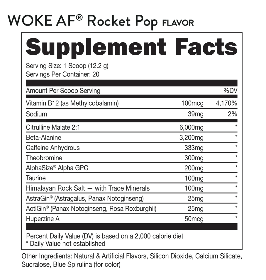 Bucked Up Woke Af Pre-Workout Powder, Increase Energy, Rocket Pop, 333mg Caffeine, 20 Servings