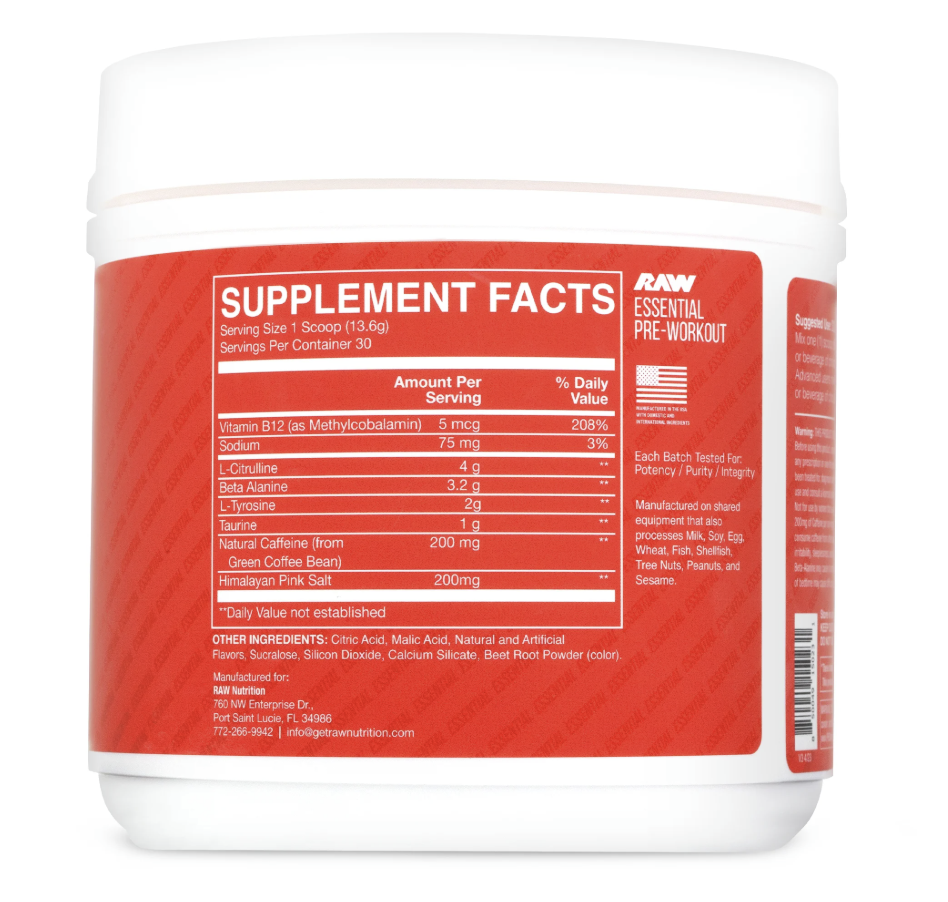 RAW Nutrition Essential Pre Workout Powder, 30 Servings