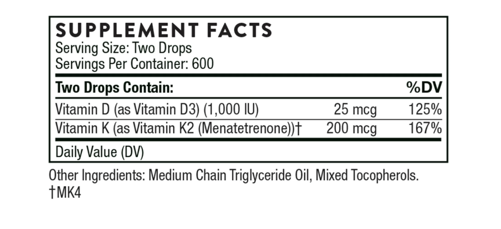 Thorne Vitamin D + K2 support bone and muscle health, along with cardiovascular health and immune function - 1oz